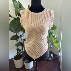 Beige and White Ribbed Sleeveless Sweater Top